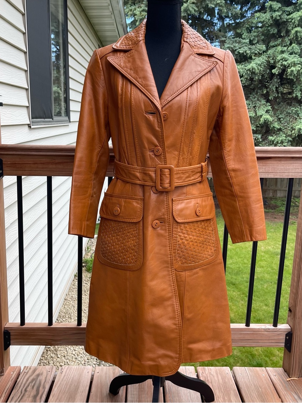 VTG 70s Suburban Heritage Leather Belted Trench Coat Basket Weave Womens 11/12